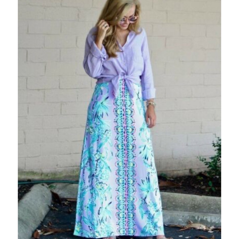 Lilly Pulitzer New Suri Maxi Skirt XL Light Lilac Verbena It’s Impawsible Eng